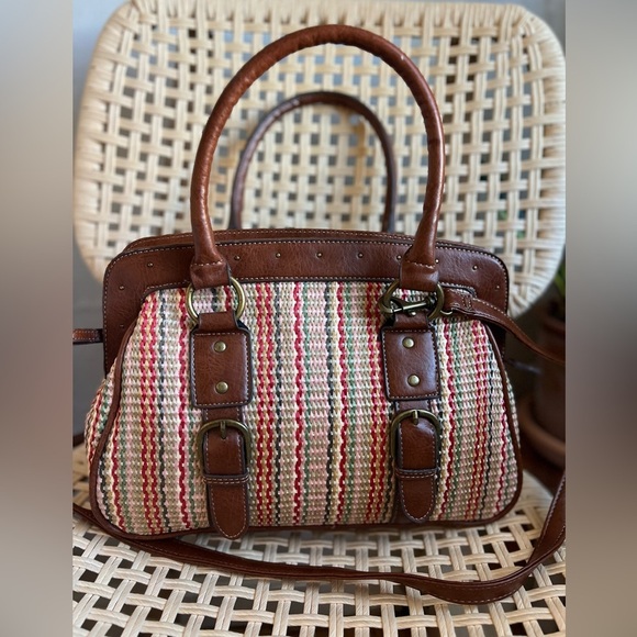 Vintage Woven Satchel Purse Boho Coastal Tote Faux Leather Removable Crossbody - Picture 2 of 13